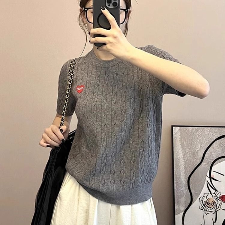 韓系麻花愛心刺繡軟糯針織薄款正肩短袖t恤