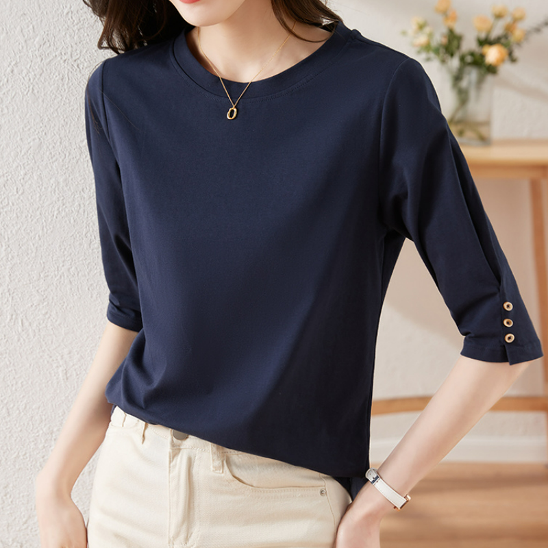 紐扣設計時尚休閒百搭顯瘦圓領七分中袖T恤