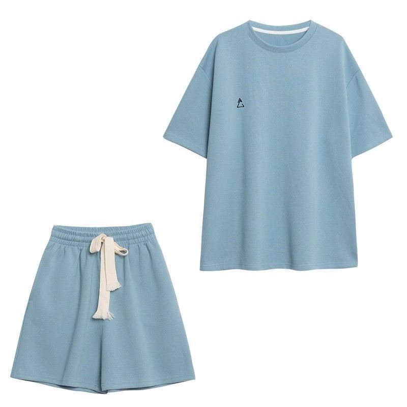 【整套】時尚洋氣減齡寬松遮肉短袖T恤+休閑運動短褲兩件套