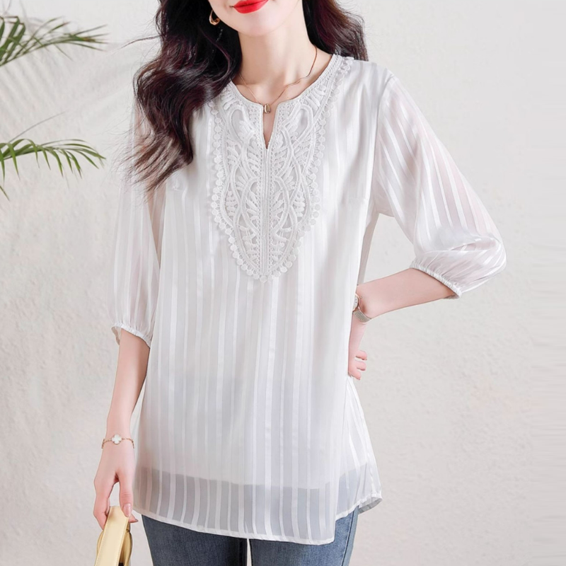 氣質蕾絲拼接雪紡衫寬鬆v領暗條紋中袖T恤-Cicimode