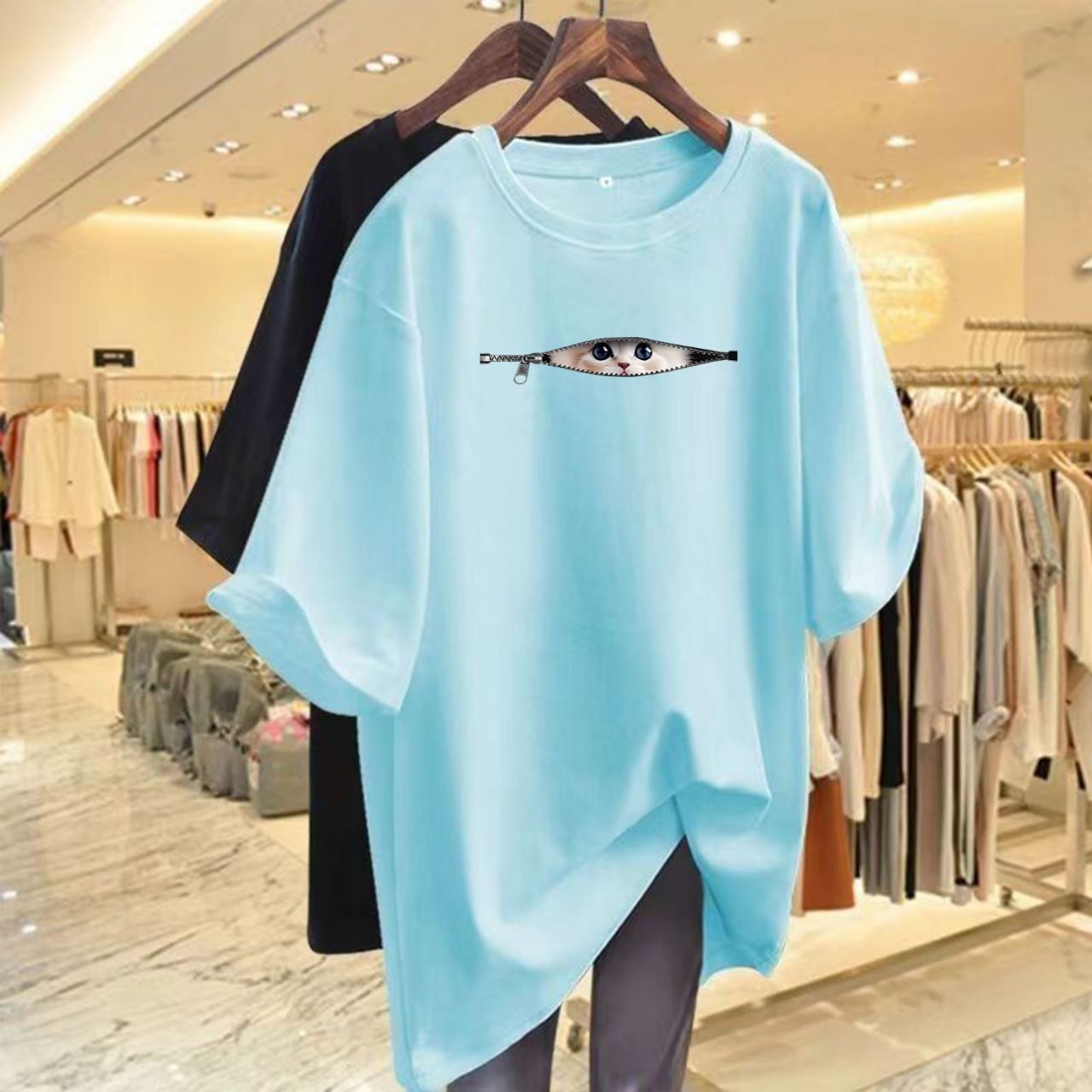 16色純棉寬鬆可愛貓咪寬鬆中長款百搭短袖T恤-Cicimode