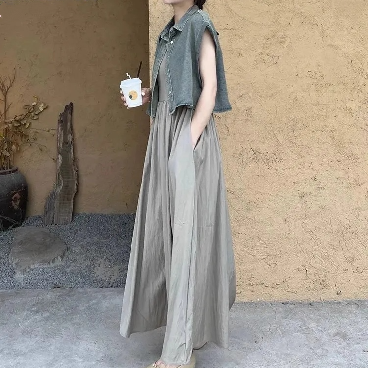 【單件/整套】法式輕熟風坎肩牛仔馬甲+背心連身裙兩件套裝-Cicimode