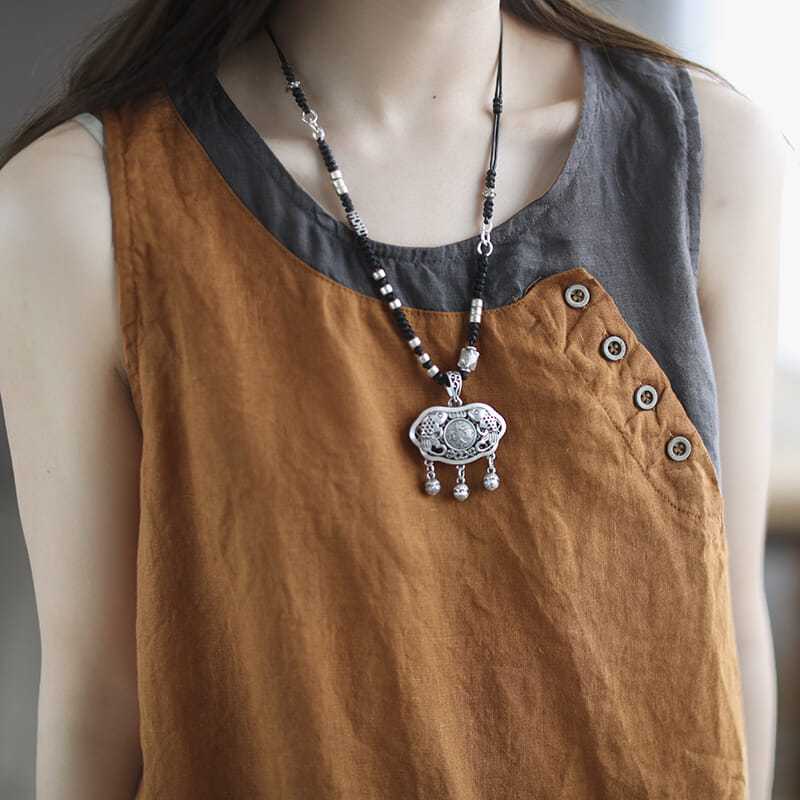 文藝棉麻新款寬鬆吊帶背心女薄款不對稱上衣紐扣裝飾拼接潮