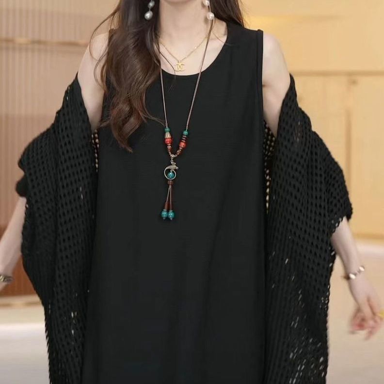 氣質名媛夕陽紅色V領寬鬆針織衫度假中長款開衫