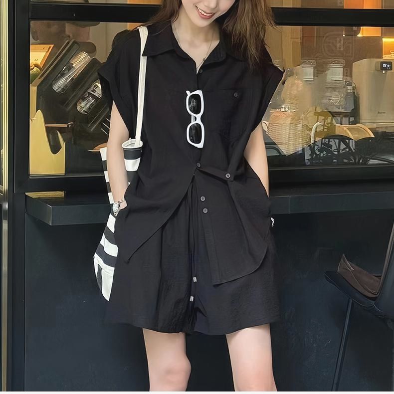 【整套】洋氣不規則設計感短袖襯衫+休閑百搭短褲兩件套