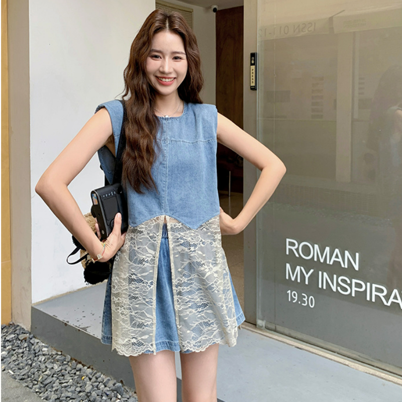 【整套】韓系chic穿搭巨好看蕾絲拼接牛仔馬甲+休閑短褲兩件套
