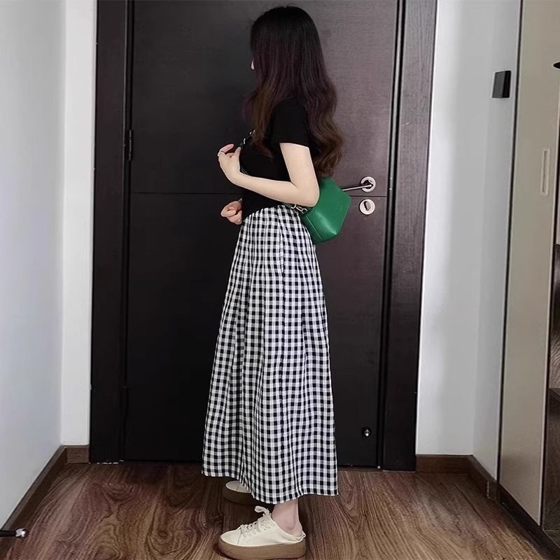 【單件/套裝】氣質休閒短袖+寬鬆遮肉格子鬆緊腰裙褲兩件套裝-Cicimode