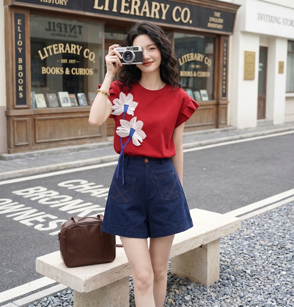 【單件/套裝】休閒寬鬆顯瘦復古設計感T恤+闊腿短褲兩件套裝