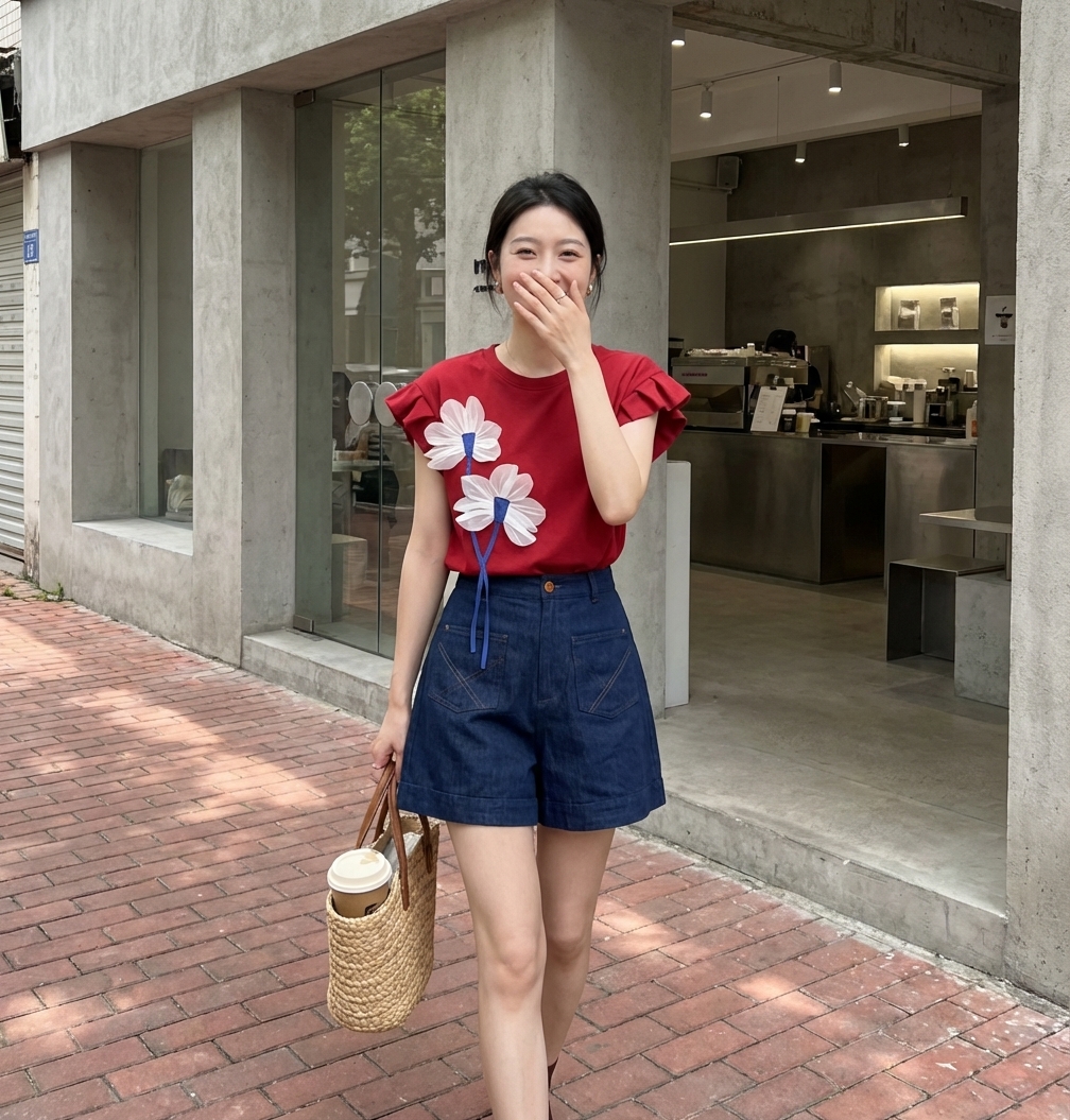 【單件/套裝】休閒寬鬆顯瘦復古設計感T恤+闊腿短褲兩件套裝