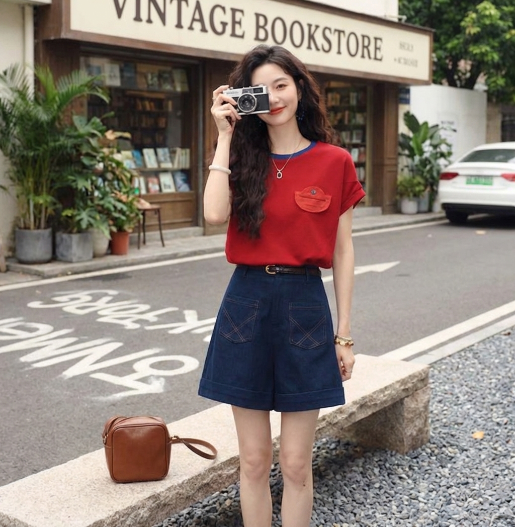 【單件/套裝】休閒寬鬆顯瘦復古設計感T恤+闊腿短褲兩件套裝