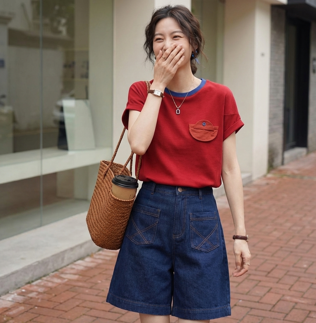 【單件/套裝】休閒寬鬆顯瘦復古設計感T恤+闊腿短褲兩件套裝