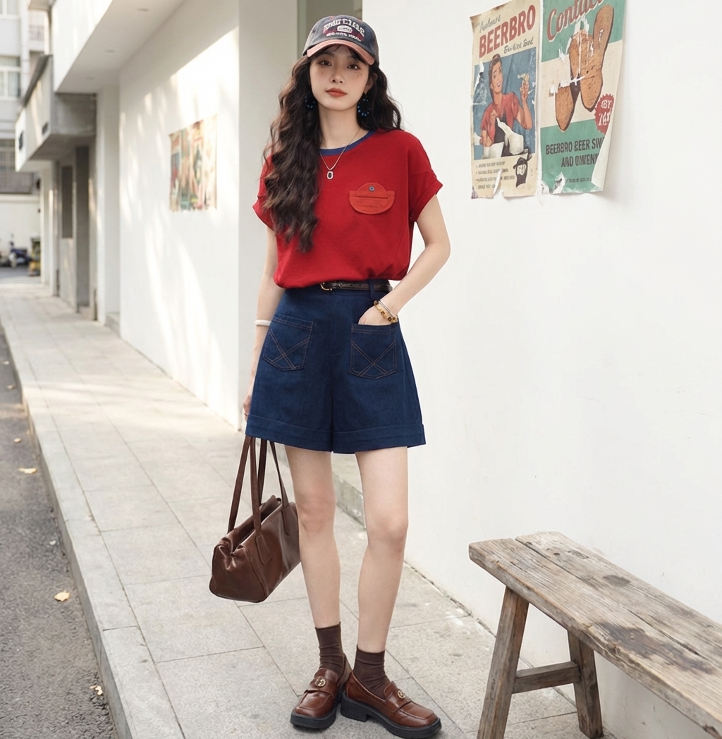 【單件/套裝】休閒寬鬆顯瘦復古設計感T恤+闊腿短褲兩件套裝