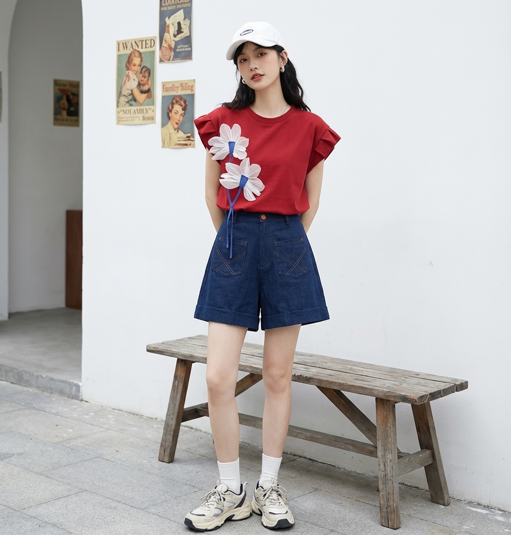 【單件/套裝】休閒寬鬆顯瘦復古設計感T恤+闊腿短褲兩件套裝