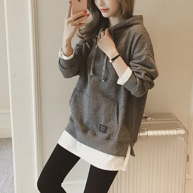 寬鬆連帽衛衣加厚套頭打底外套假兩件衛衣