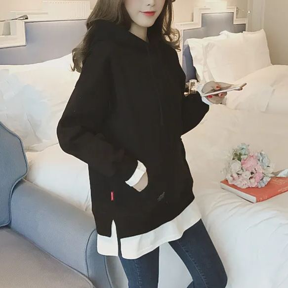 寬鬆連帽衛衣加厚套頭打底外套假兩件衛衣