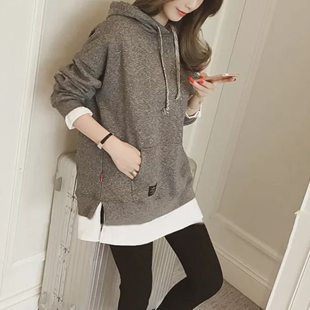 寬鬆連帽衛衣加厚套頭打底外套假兩件衛衣