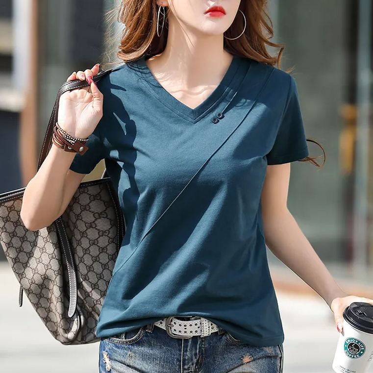【多色可选】百搭休闲设计感V领弹力纽扣短袖