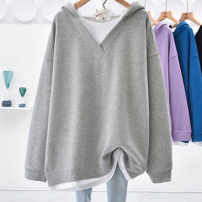 休閒寬鬆簡約V領假兩件中長款連帽衛衣