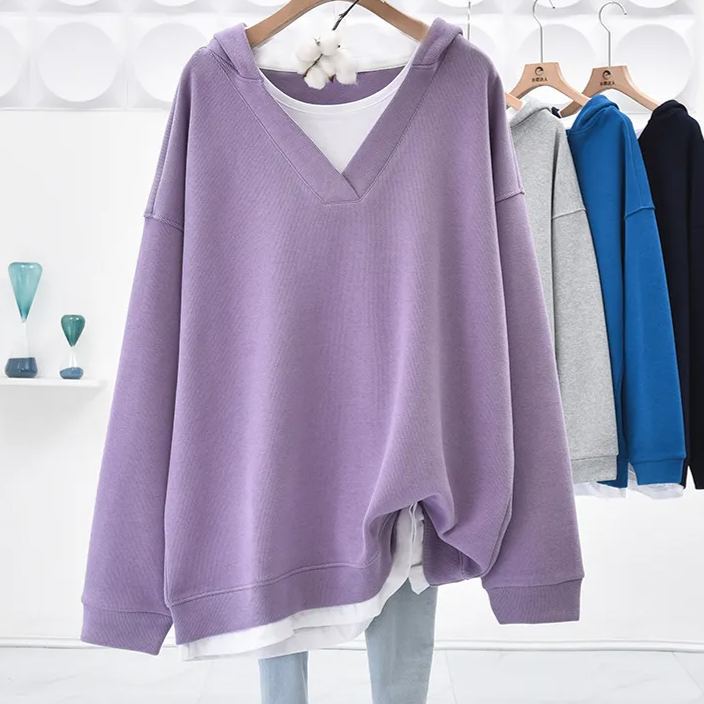 休閒寬鬆簡約V領假兩件中長款連帽衛衣
