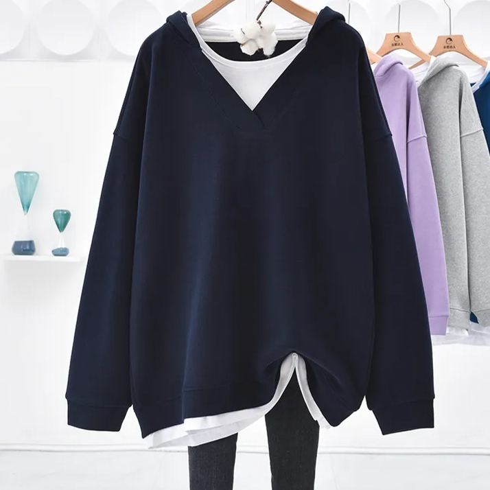 休閒寬鬆簡約V領假兩件中長款連帽衛衣