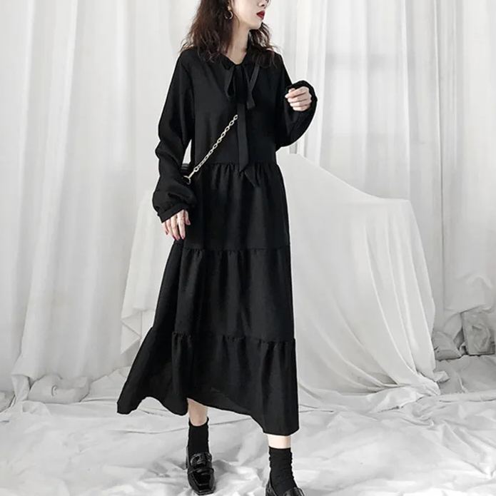法式桔梗寬鬆氣質復古小黑裙溫柔風雪紡連衣裙
