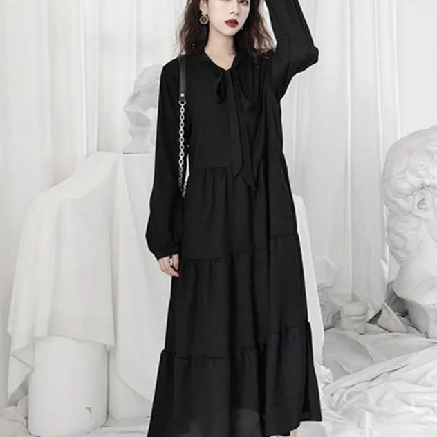 法式桔梗寬鬆氣質復古小黑裙溫柔風雪紡連衣裙