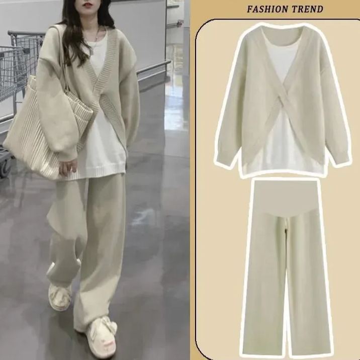 微胖減齡網紅炸街小個子杏色毛衣闊腿褲兩件套裝