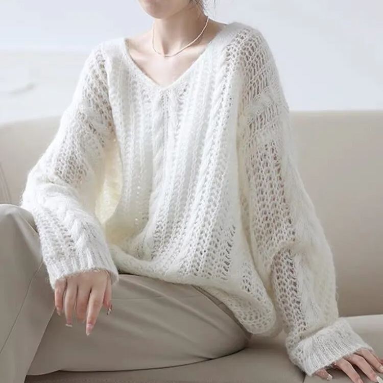 法式軟糯溫柔風V領鏤空慵懶風寬鬆長袖針織衫