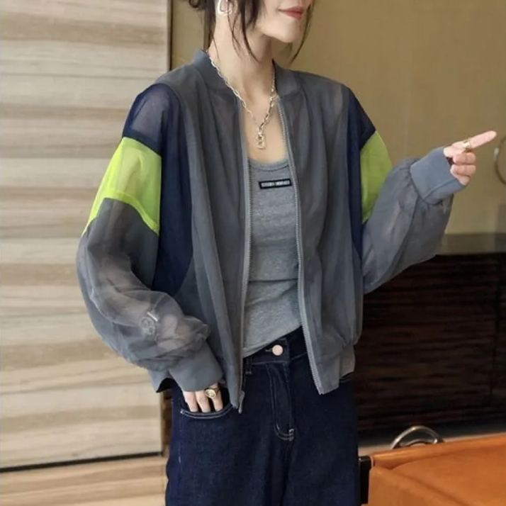 時尚洋氣薄款撞色雙層網紗防曬開衫-Cicimode