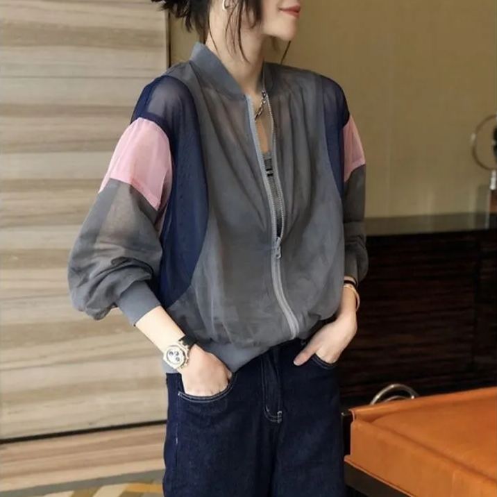 時尚洋氣薄款撞色雙層網紗防曬開衫-Cicimode