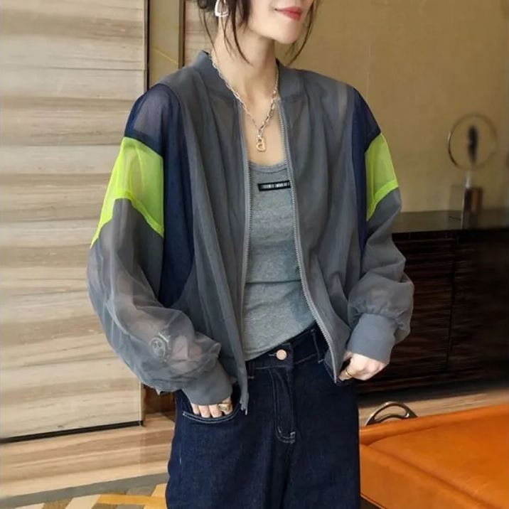 時尚洋氣薄款撞色雙層網紗防曬開衫-Cicimode