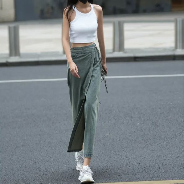 復古水洗牛仔高腰顯瘦設計開叉半身裙-Cicimode