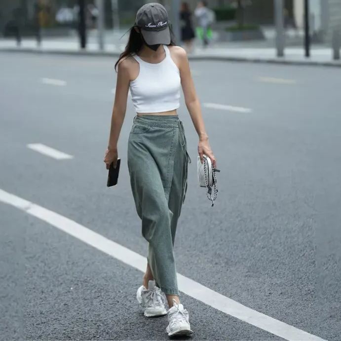 復古水洗牛仔高腰顯瘦設計開叉半身裙-Cicimode