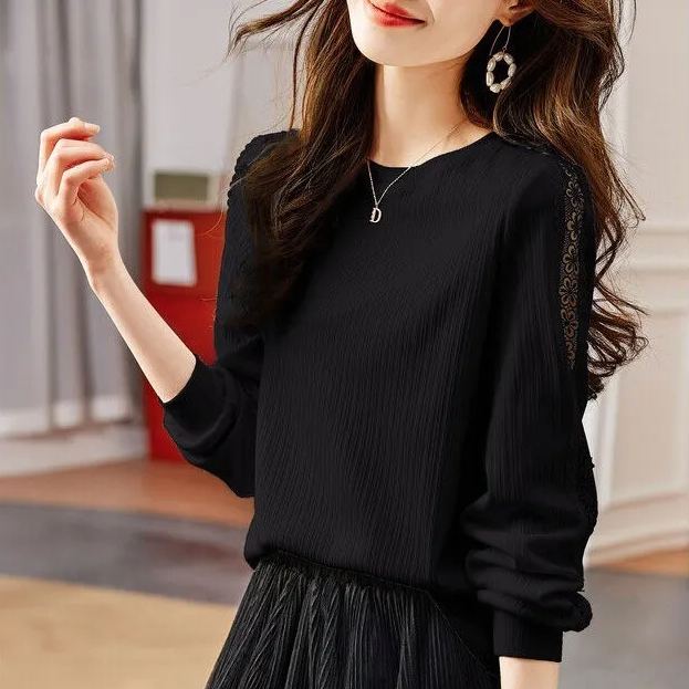 時尚氣質百搭圓領鏤空蕾絲肌理感長袖-Cicimode