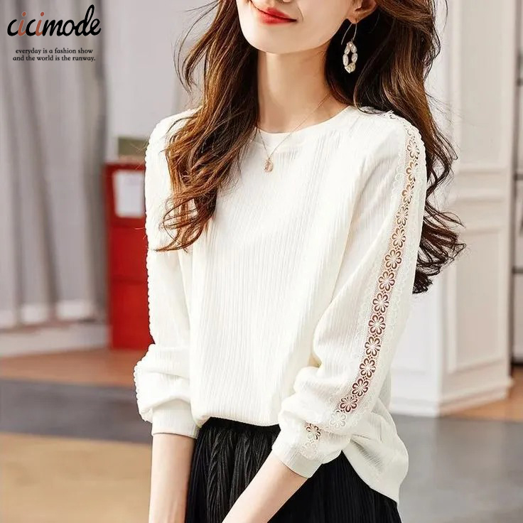 時尚氣質百搭圓領鏤空蕾絲肌理感長袖-Cicimode