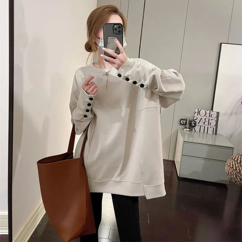 人氣款休閒百搭純色寬鬆中長款圓領長袖-Cicimode