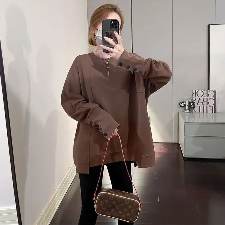 人氣款休閒百搭純色寬鬆中長款圓領長袖-Cicimode