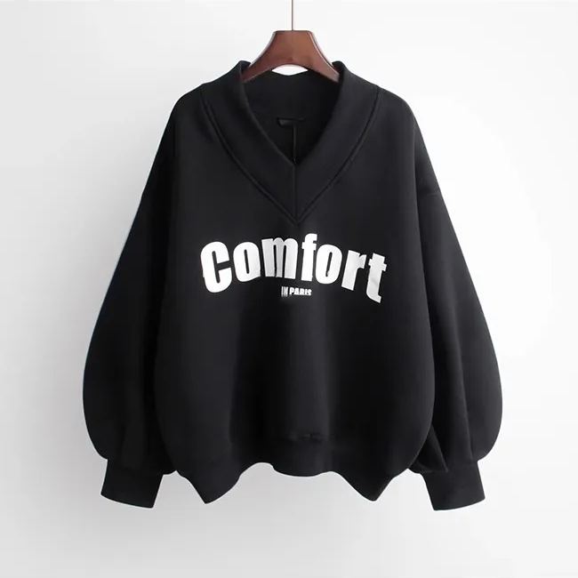 韓版休閒時尚寬鬆百搭字母印花V領衛衣-Cicimode