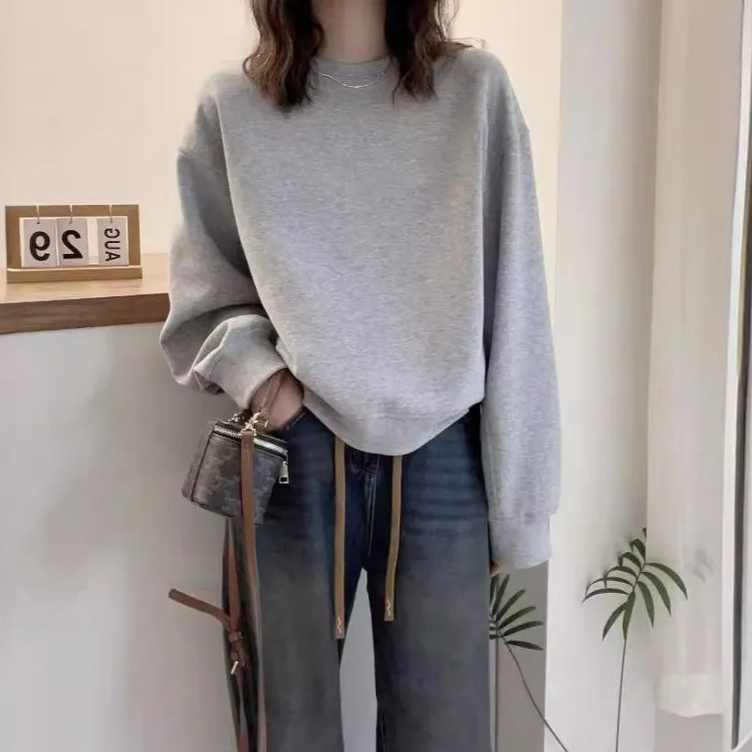 簡約寬鬆百搭休閒純色圓領衛衣-Cicimode