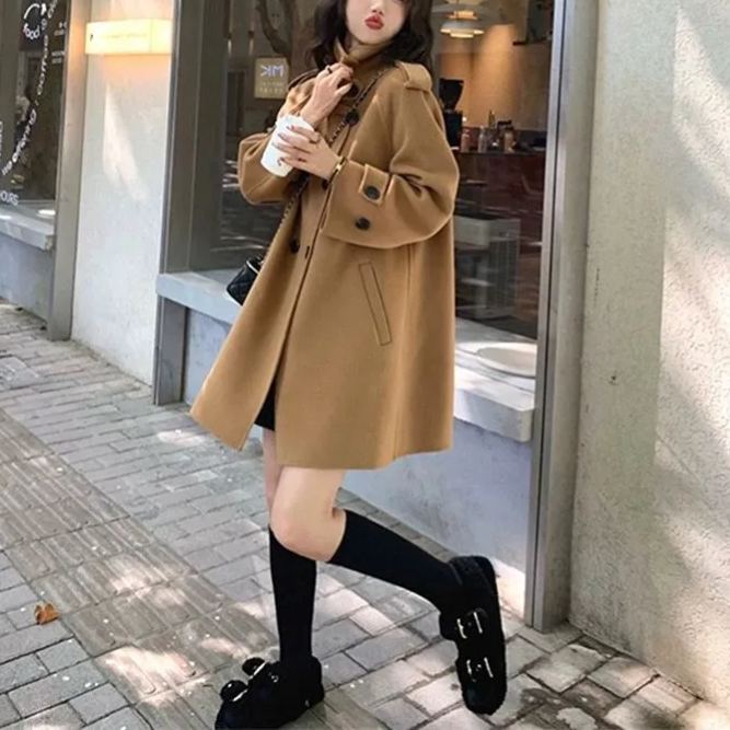 斗篷毛呢赫本風韓系加厚雙面羊絨外套