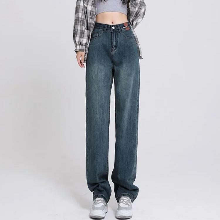 復古直筒寬鬆高腰顯瘦垂感拖地闊腿牛仔褲-Cicimode