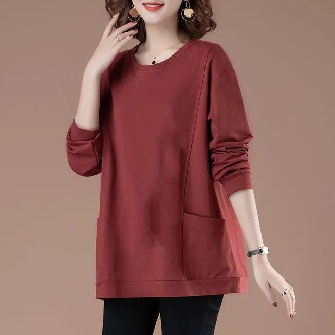 百搭休閒中長款圓領印花大口袋長袖-Cicimode