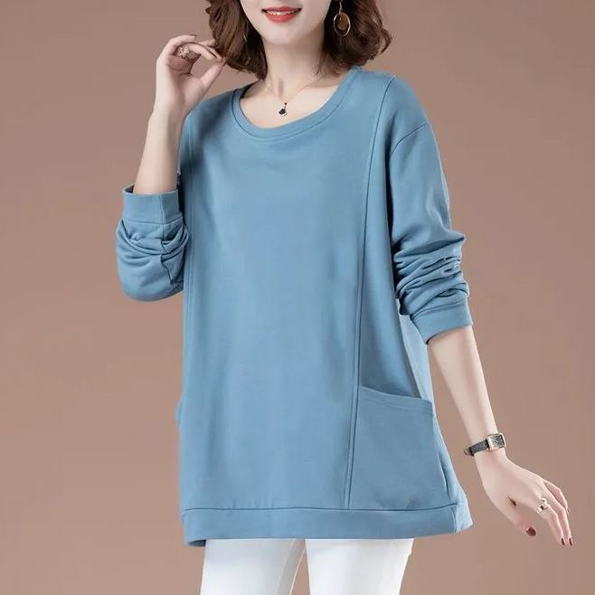 百搭休閒中長款圓領印花大口袋長袖-Cicimode
