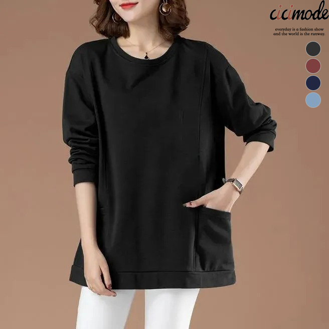 百搭休閒中長款圓領印花大口袋長袖-Cicimode