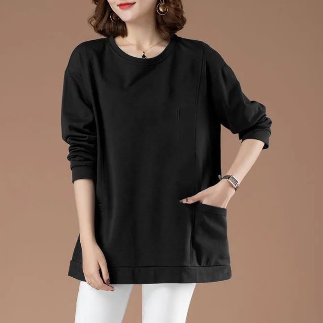 百搭休閒中長款圓領印花大口袋長袖-Cicimode