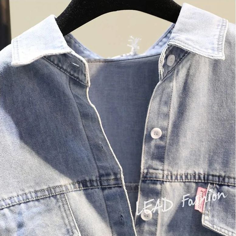 時尚百搭假兩件牛仔拼接豎條紋襯衫-Cicimode