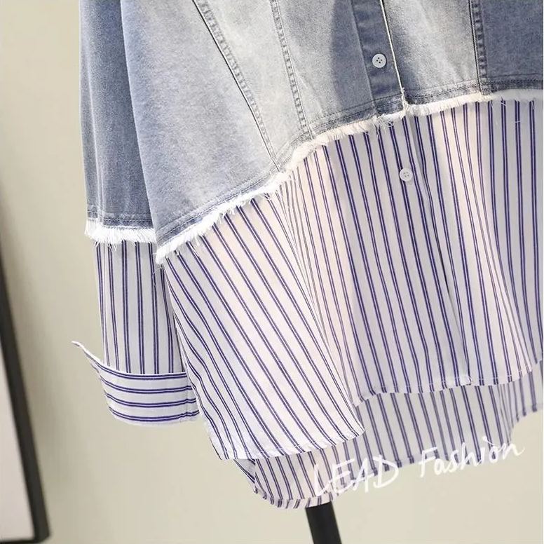 時尚百搭假兩件牛仔拼接豎條紋襯衫-Cicimode