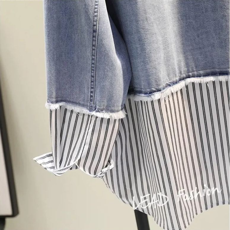 時尚百搭假兩件牛仔拼接豎條紋襯衫-Cicimode