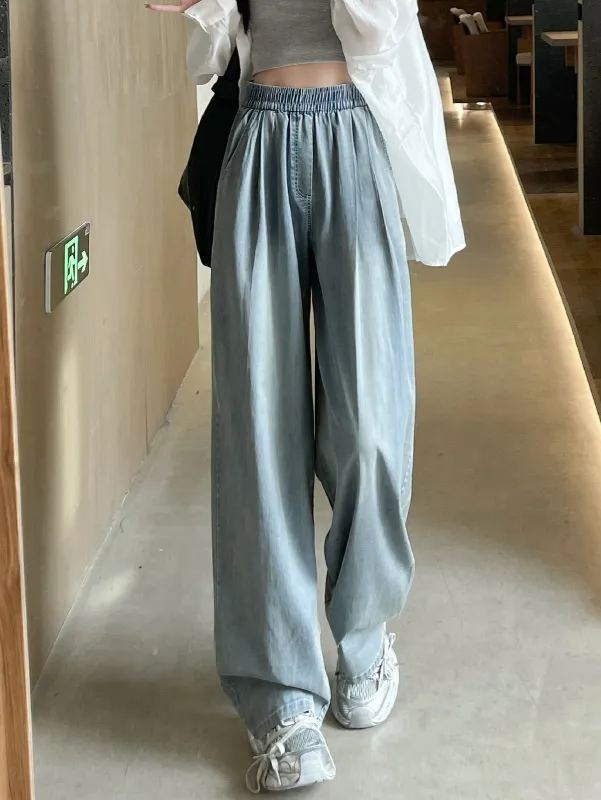 天絲垂感直筒寬鬆慵懶鬆弛感闊腿牛仔褲-Cicimode