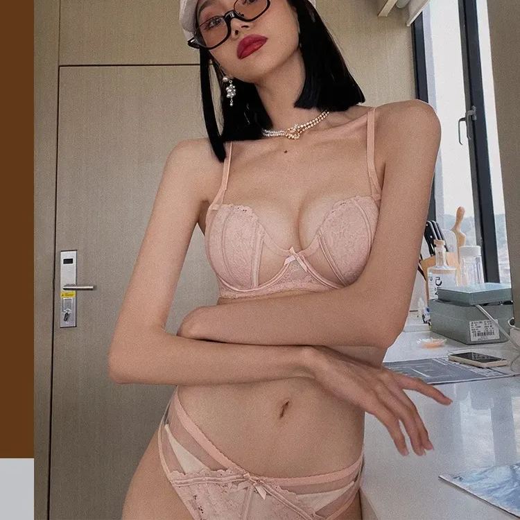 【單件/整套】法式蕾絲花邊兔耳朵超薄胸墊文胸套